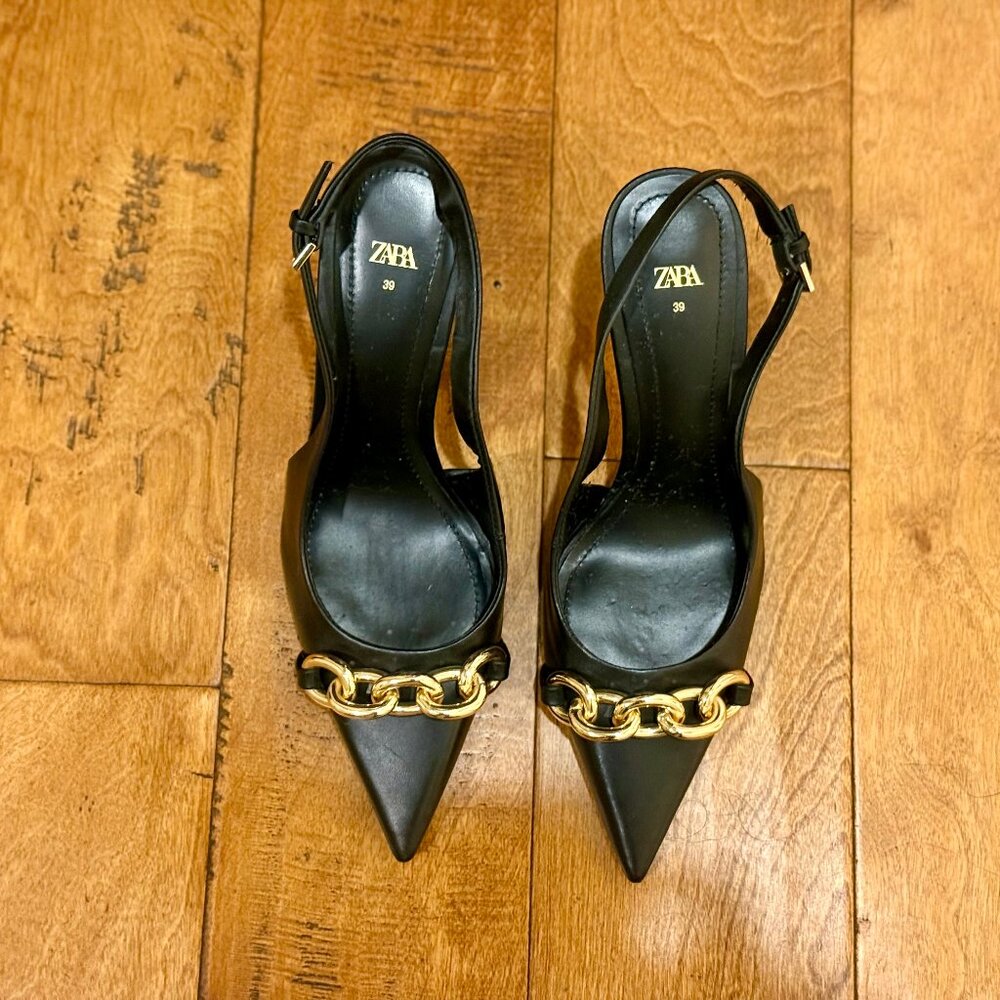 Zara shoes women slingback pump with gold chain trim EU 39, US 8